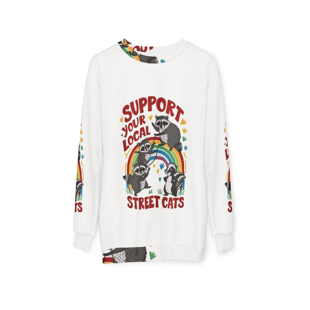 Retro cat sweatshirt with the text "Support Your Local Street Cats" - hanging