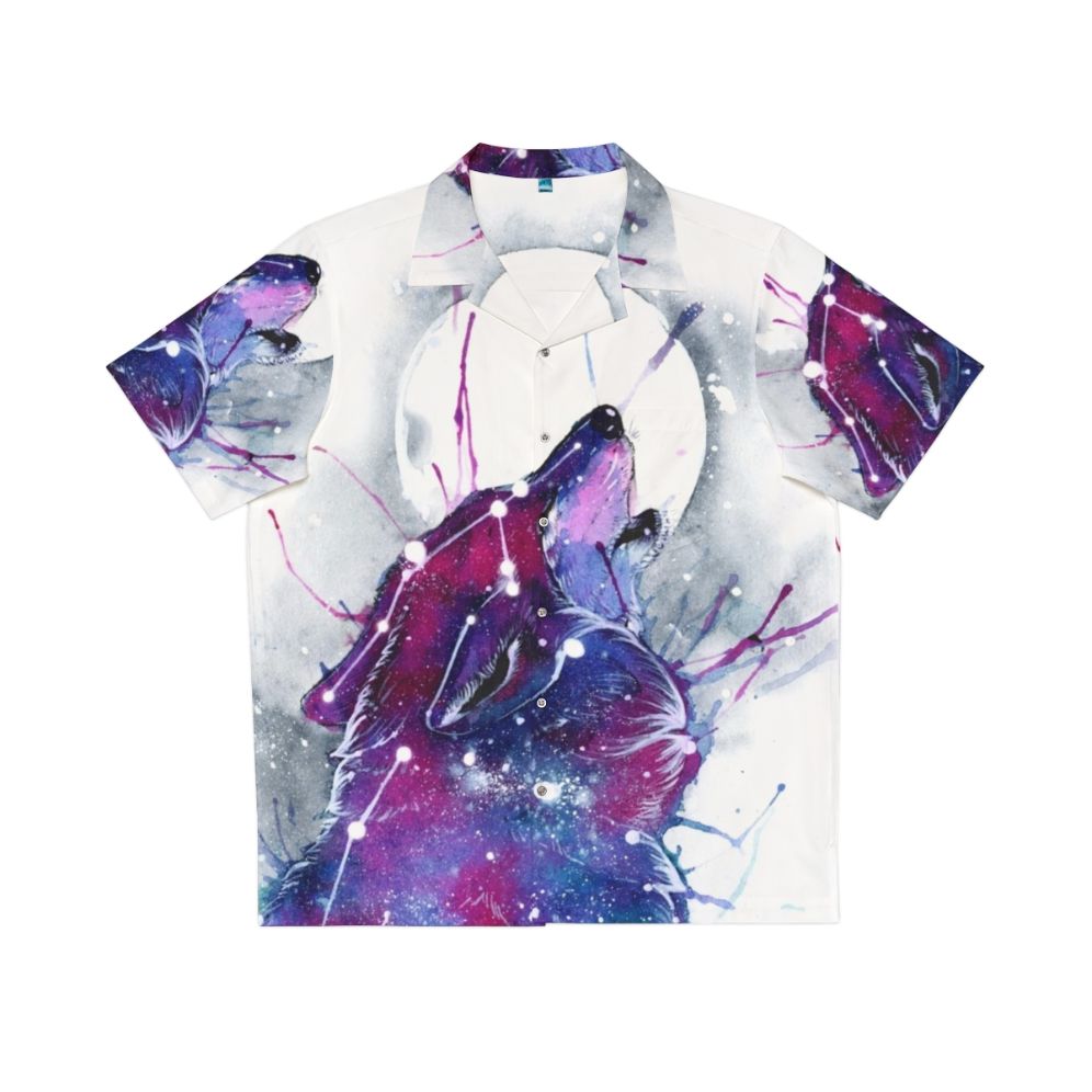 Galaxy wolf print on a tropical Hawaiian shirt