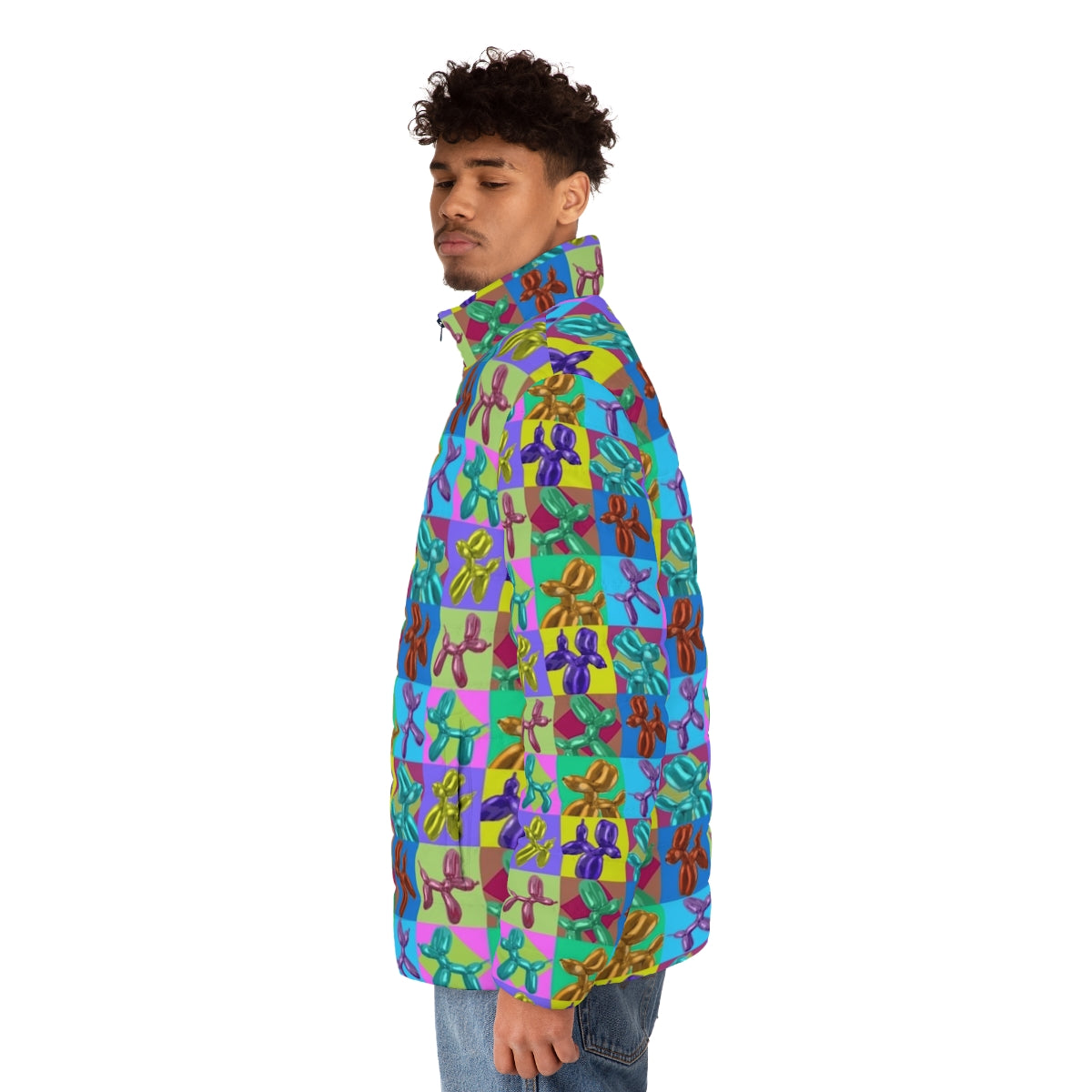 Pop Art Balloon Dogs Puffer Jacket featuring colorful balloon animal designs - men side left