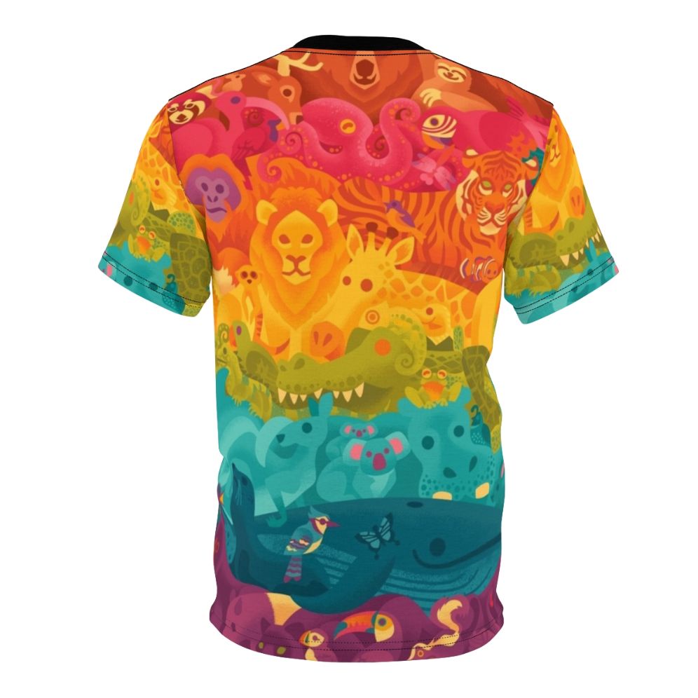 Vibrant all-over animal print design t-shirt featuring a spectrum of cute cartoon wildlife characters. - Back