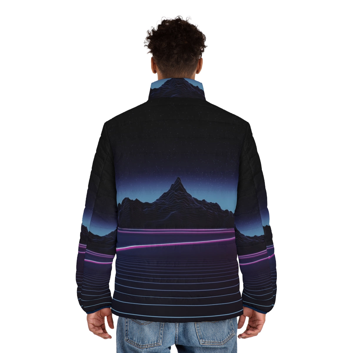 Retro highway puffer jacket with outrun, synthwave, and vaporwave design - men back