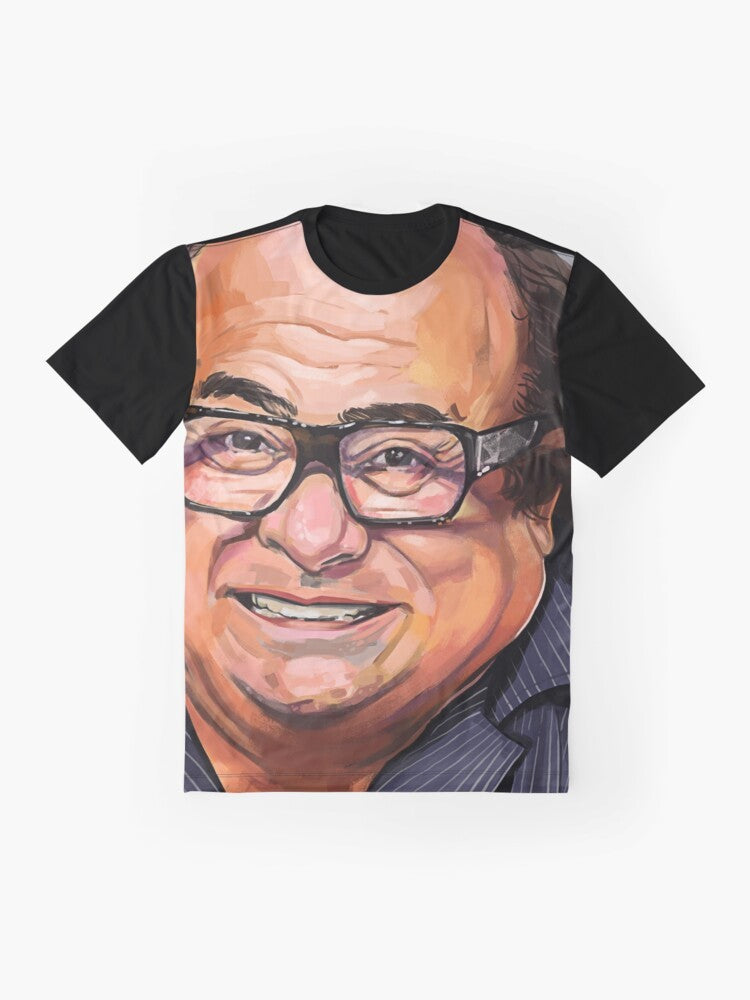 Danny Devito portrait graphic t-shirt featuring the iconic It's Always Sunny in Philadelphia character - Flat lay