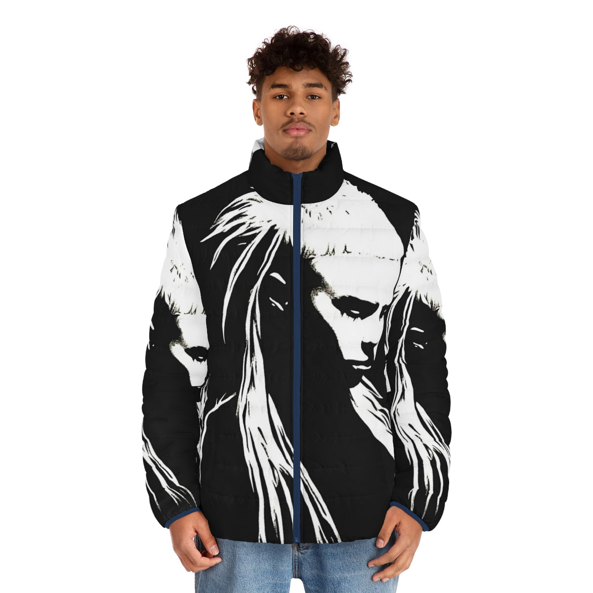 Die Antwoord Yolandi Visser Puffer Jacket with black and white portrait drawing - men front