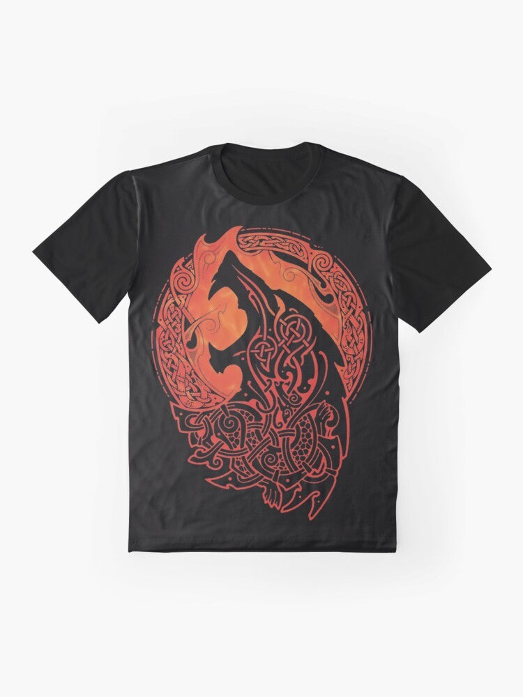 Fenrir, the mythical wolf creature from Nordic mythology associated with the god Loki, featured on a graphic t-shirt design. - Flat lay