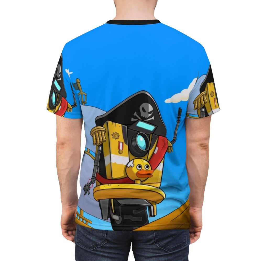 Ahoy Minion! Borderlands inspired graphic t-shirt featuring a claptrap pirate on a ship - men back