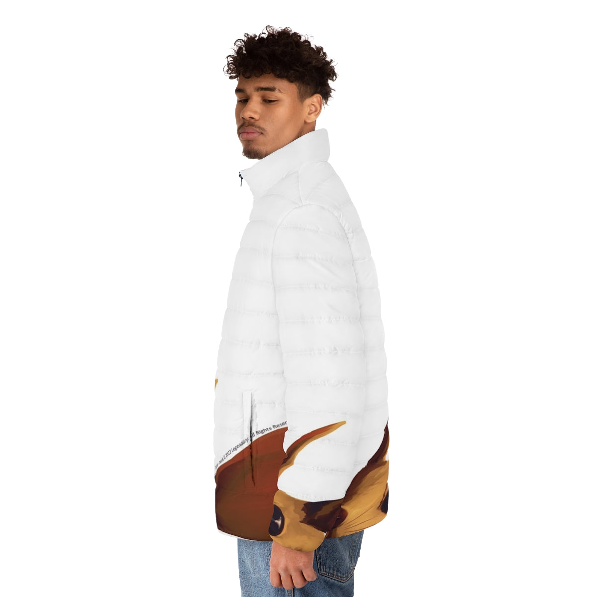 A puffer jacket featuring a desert mouse design inspired by the Dune movie - men side left