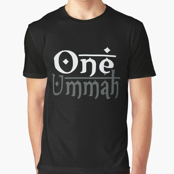 Muslim unity t-shirt with "One Ummah" graphic and night sky design