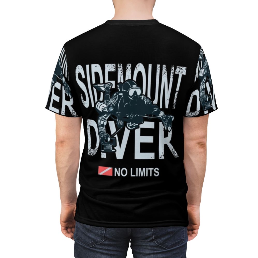 Sidemount diver t-shirt with an all-over print design for technical diving enthusiasts. - men back