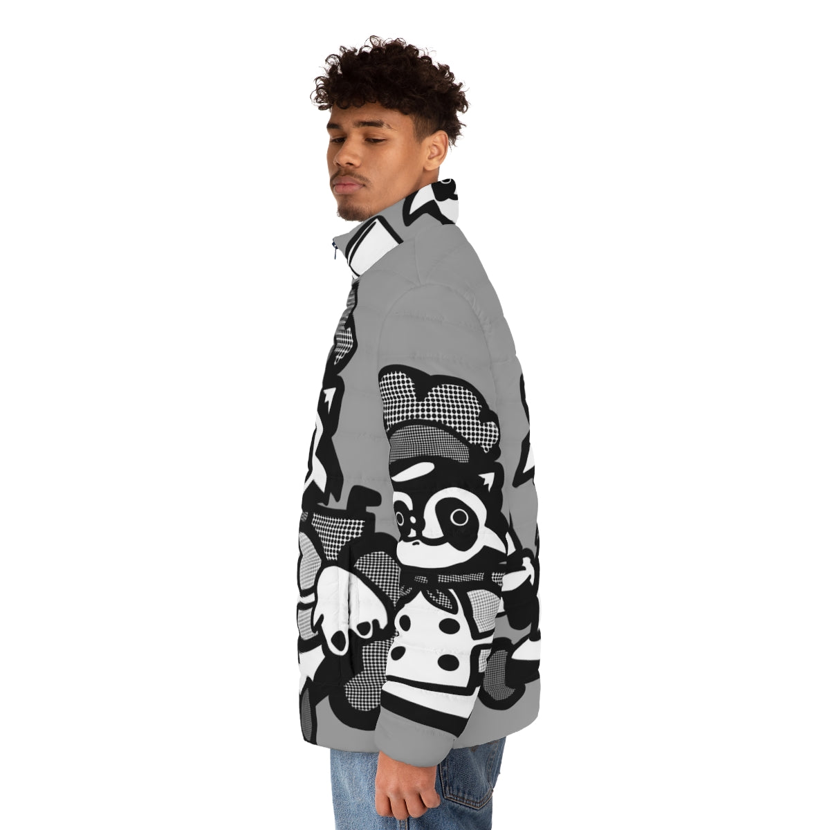 Overcooked Raccoon Puffer Jacket with Retro Comic Graphic - men side left