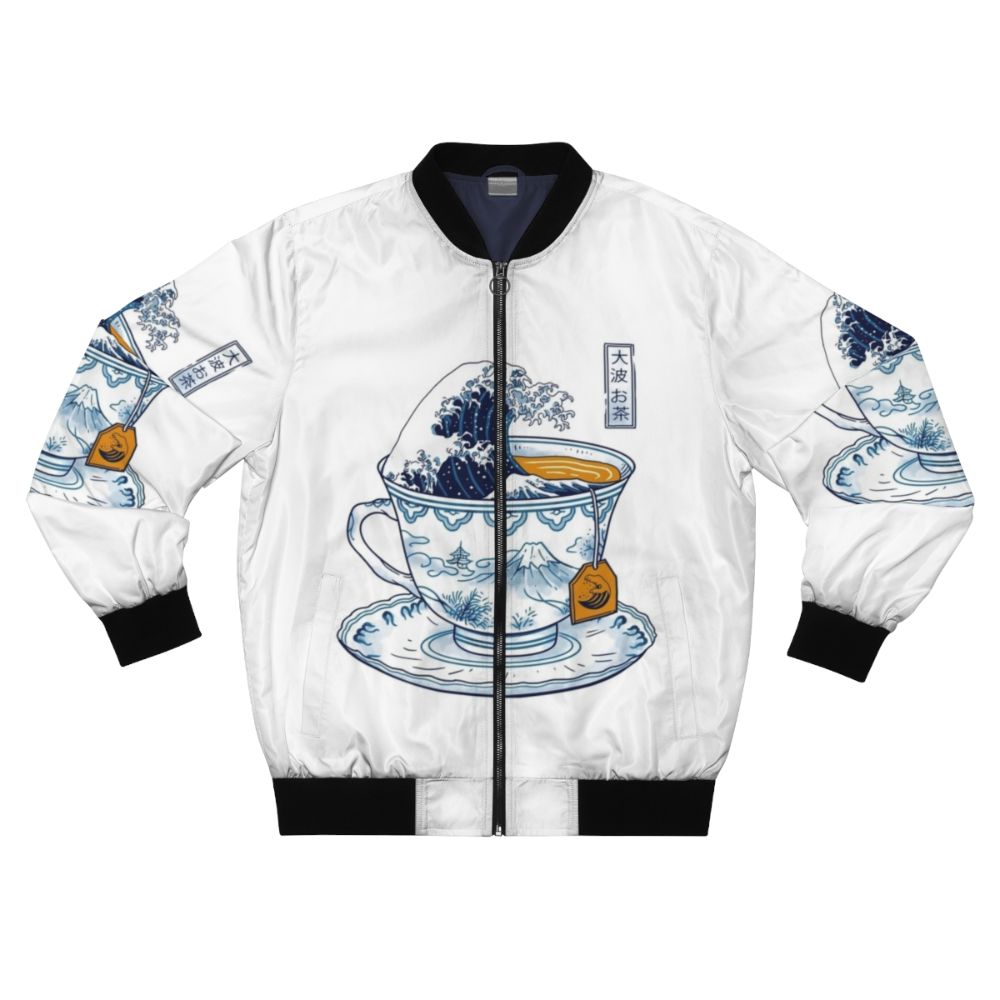 A bomber jacket featuring the iconic "The Great Wave off Kanagawa" design and a tea theme.