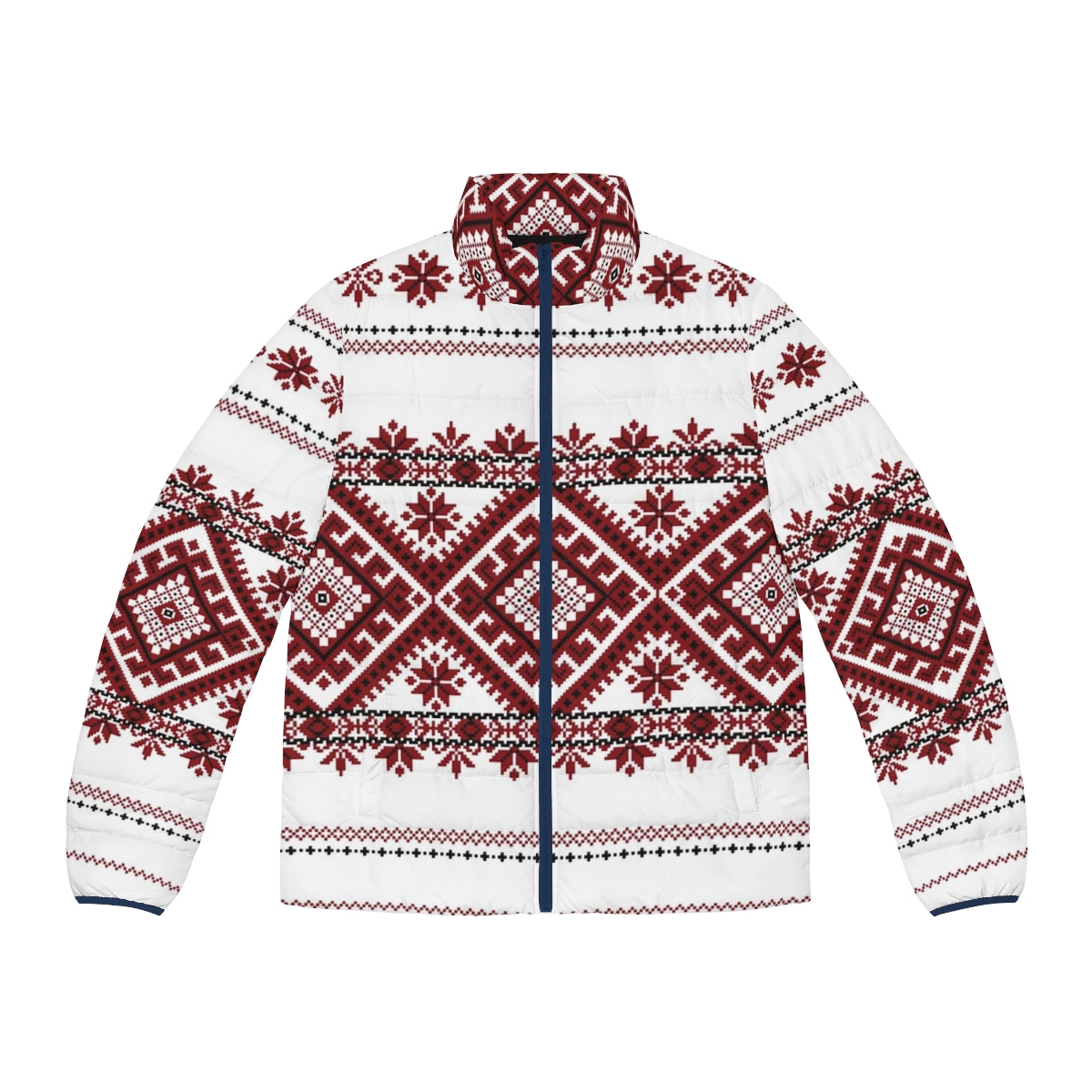 Traditional Romanian motif puffer jacket with geometric pattern