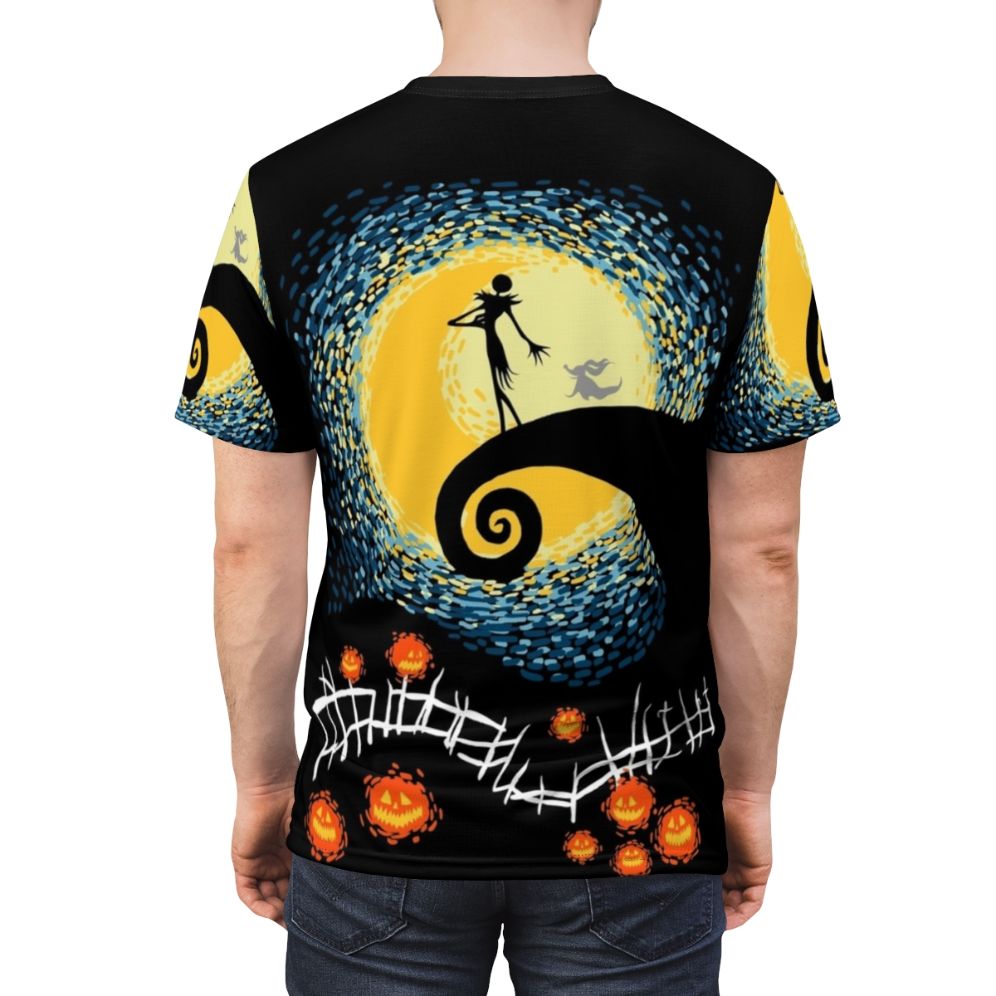 Starry Nightmare AOP T-Shirt featuring a surreal, dark fantasy design with Jack Skellington from The Nightmare Before Christmas - men back