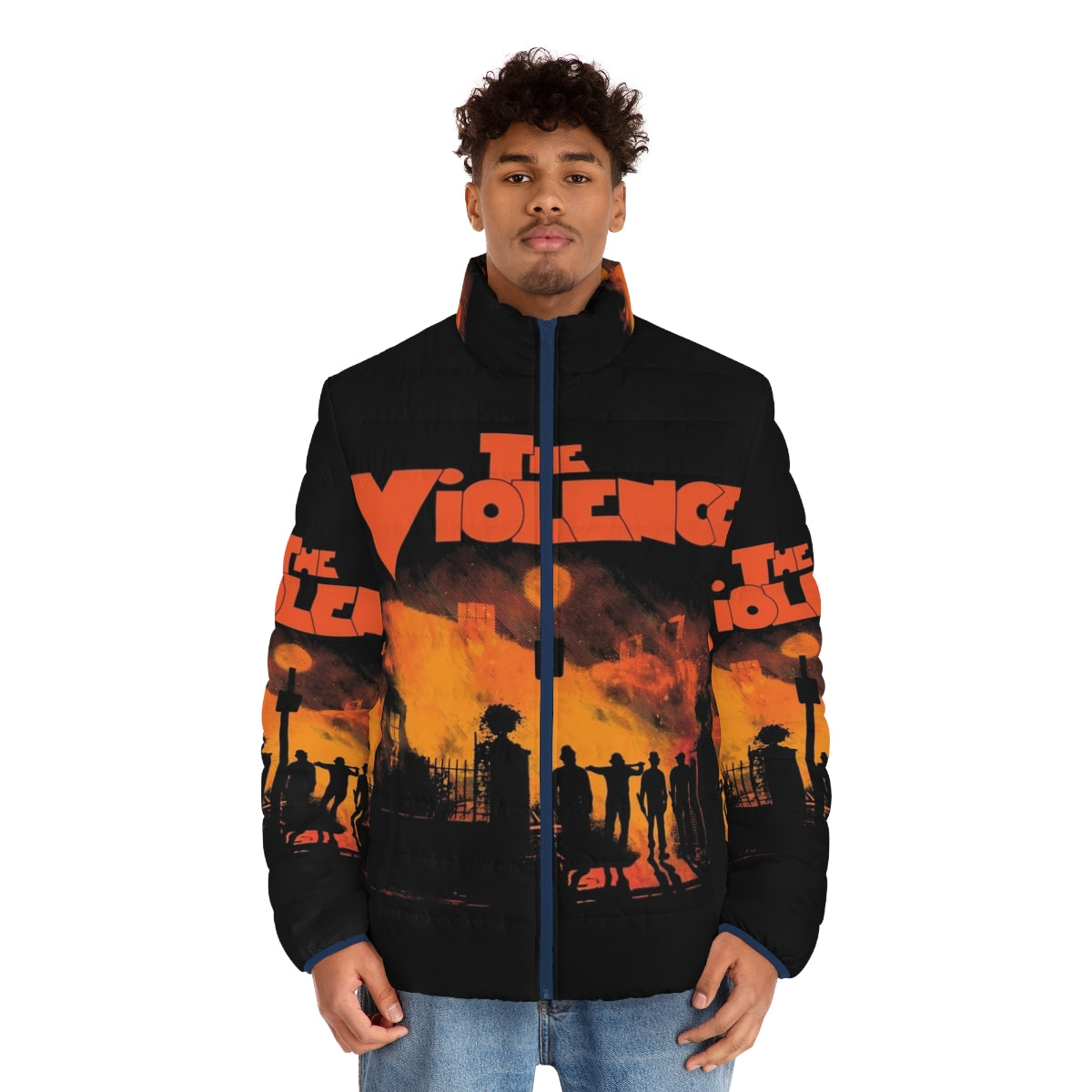 Vibrant puffer jacket with horror and thriller-inspired design - men front