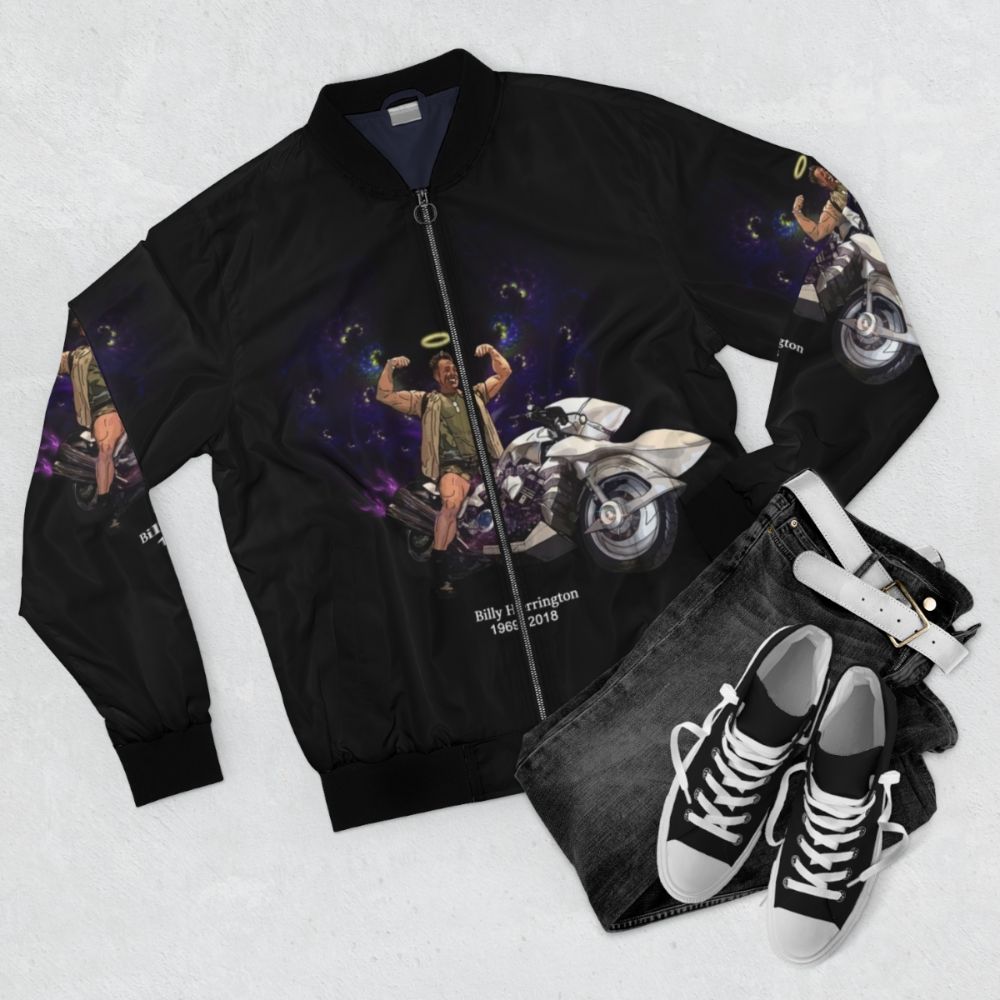 Commemorative bomber jacket featuring the iconic Aniki character from the Gachimuchi meme and Japanese pop culture - Flat lay