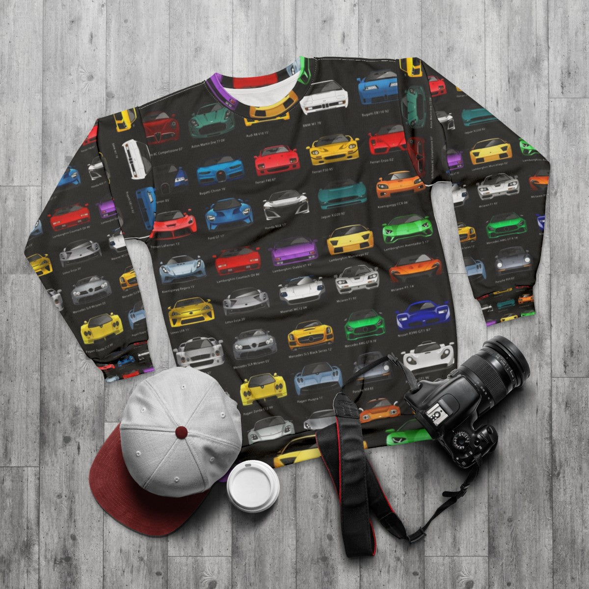 Minimalist super cars sweatshirt design - flat lay