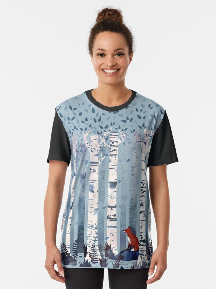 Watercolor illustration of birch trees in a serene forest on a blue t-shirt - Women