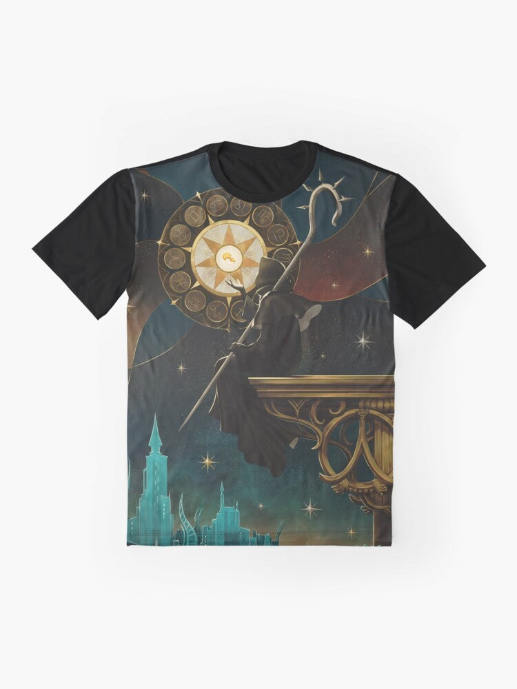 Azem-inspired graphic t-shirt for Final Fantasy XIV fans featuring tarot, zodiac, and magical elements. - Flat lay