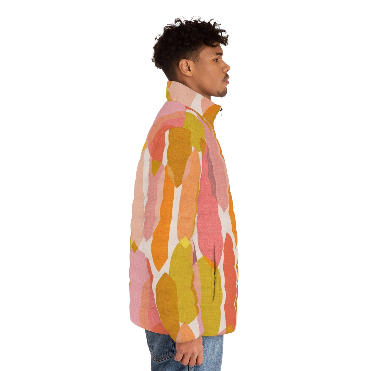 Colourful mid-century inspired puffer jacket with abstract geometric droplet print - men side right