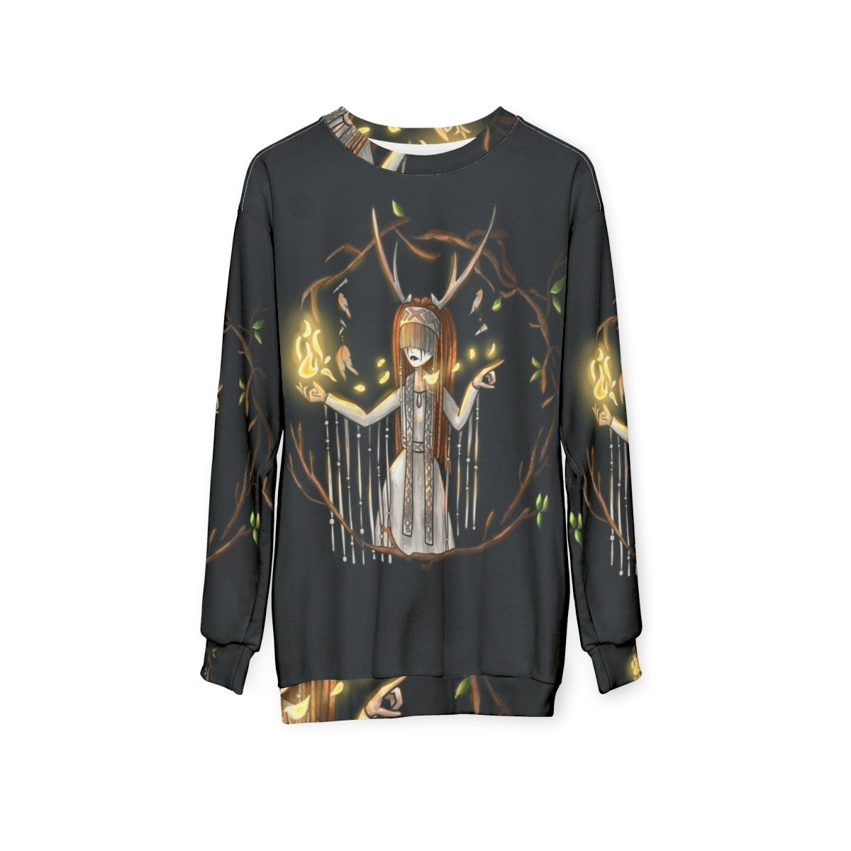 Heilung Fanart Sweatshirt featuring tribal, nature-inspired design - hanging