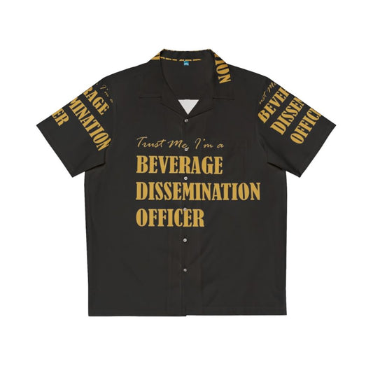 Bartender wearing a Hawaiian shirt with "Beverage Dissemination Officer" text