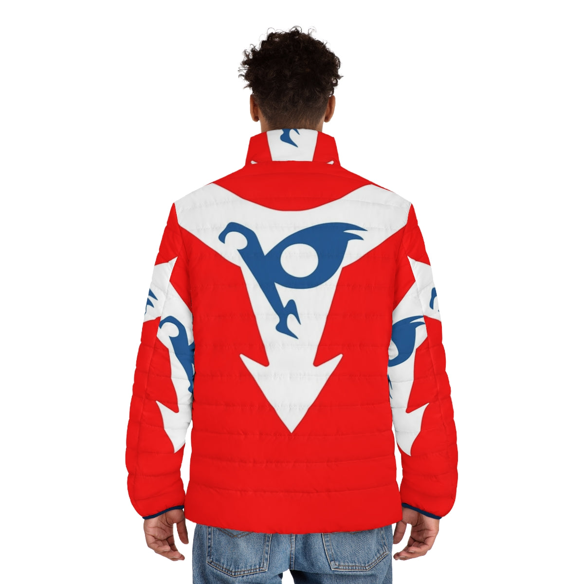 A stylish puffer jacket featuring the character Hurricane Polimar from anime and manga. - men back