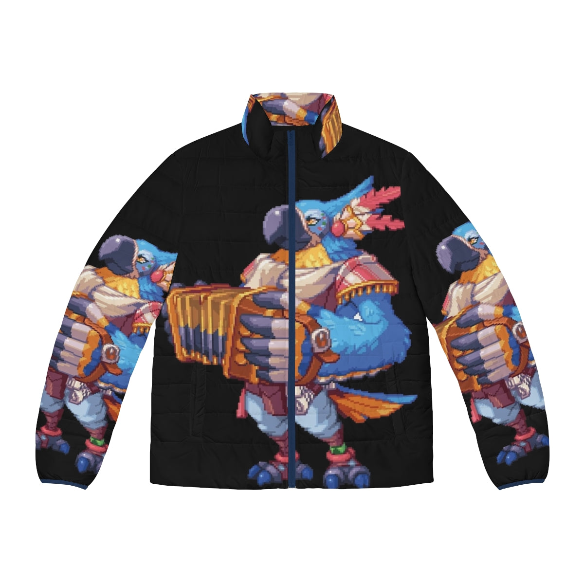 Pixel Kass puffer jacket featuring a blue bird design inspired by the popular video game character