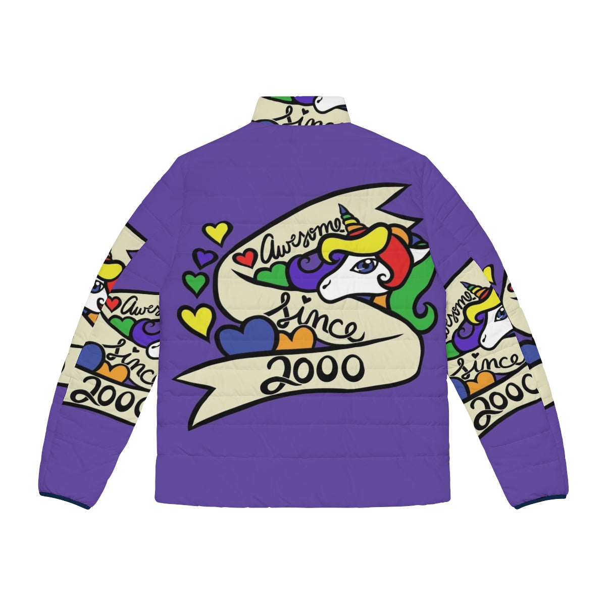 Awesome Since 2000 Unicorn Puffer Jacket with Legendary Animals - Back