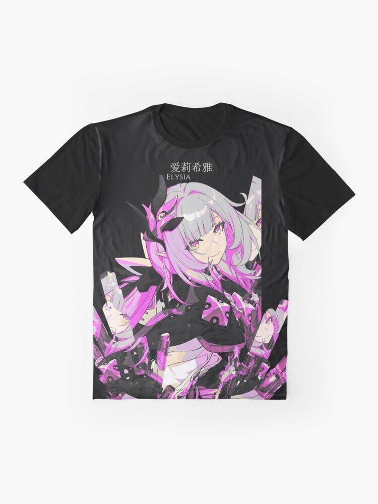 Honkai Impact Elysia fantasy graphic t-shirt with crystal and hieroglyph design - Flat lay