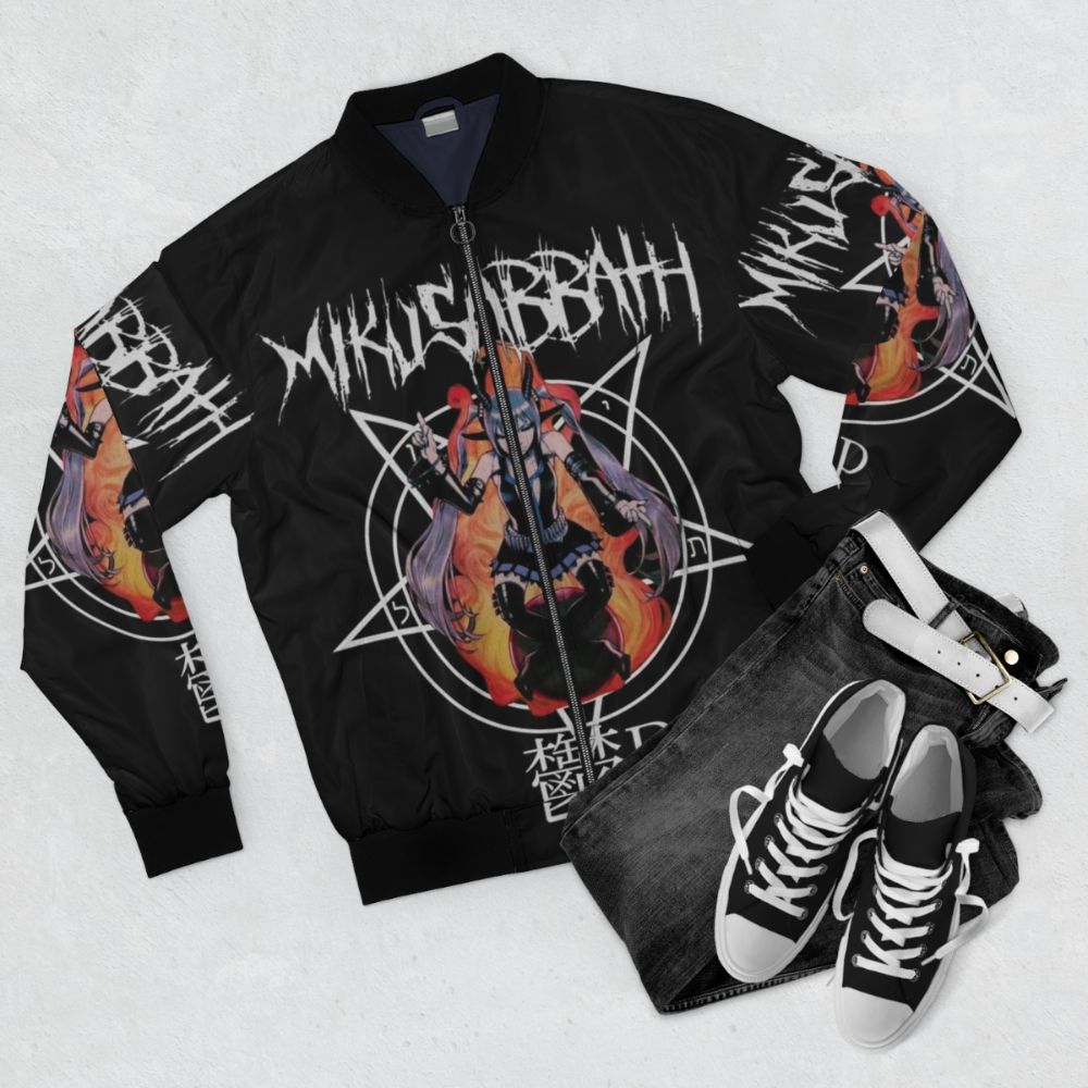 MIKU SABBATH Metal Bomber Jacket with Gothic Anime Inspired Design - Flat lay