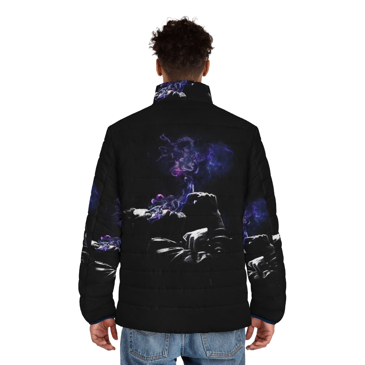 Photorealistic image of a Tom Waits-inspired puffer jacket with a smoking nebula design - men back