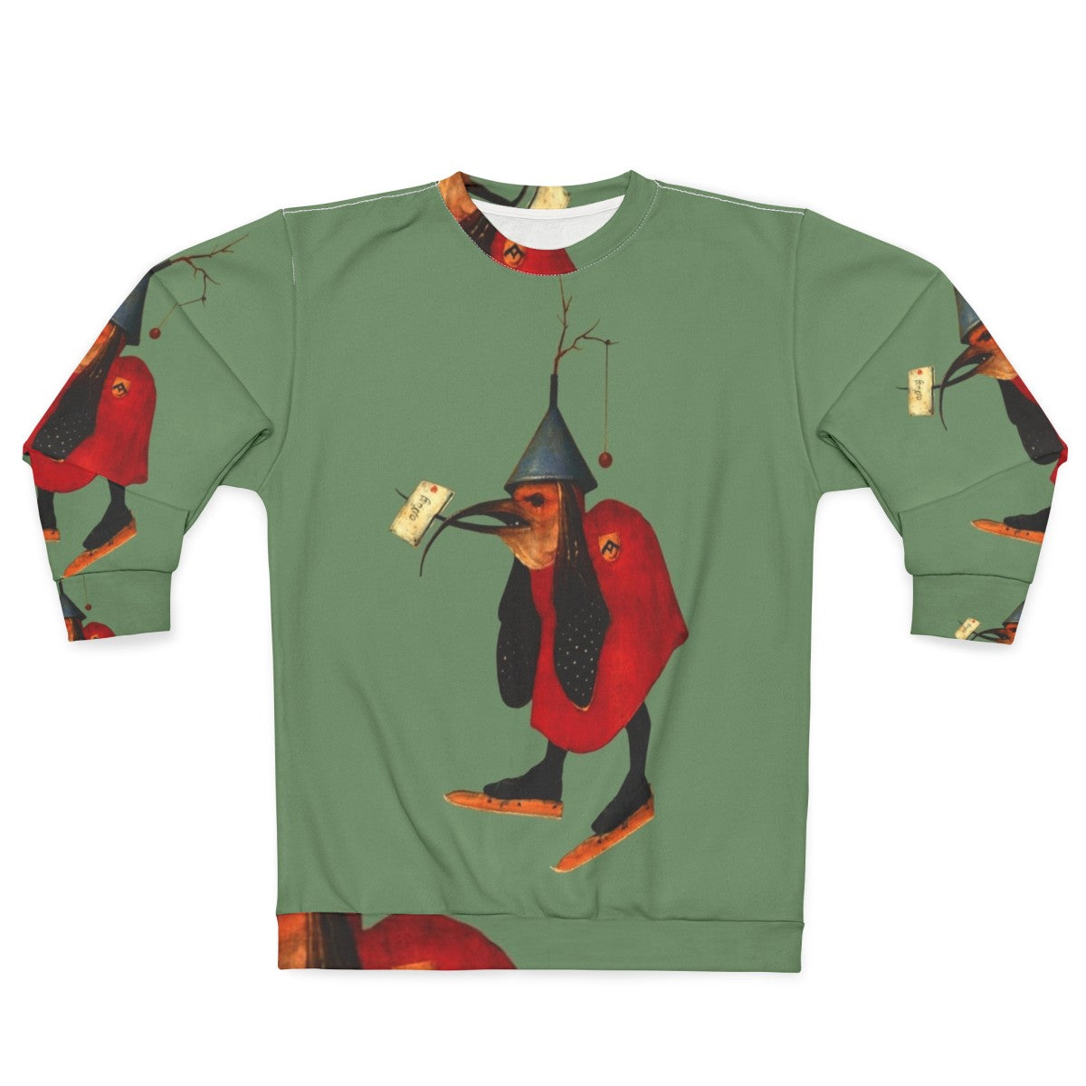 Hieronymus Bosch inspired sweatshirt with bird and letter design