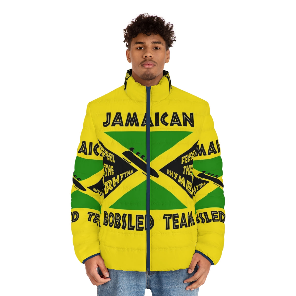 Jamaican bobsled team puffer jacket with retro 90s design inspired by the movie Cool Runnings - men front