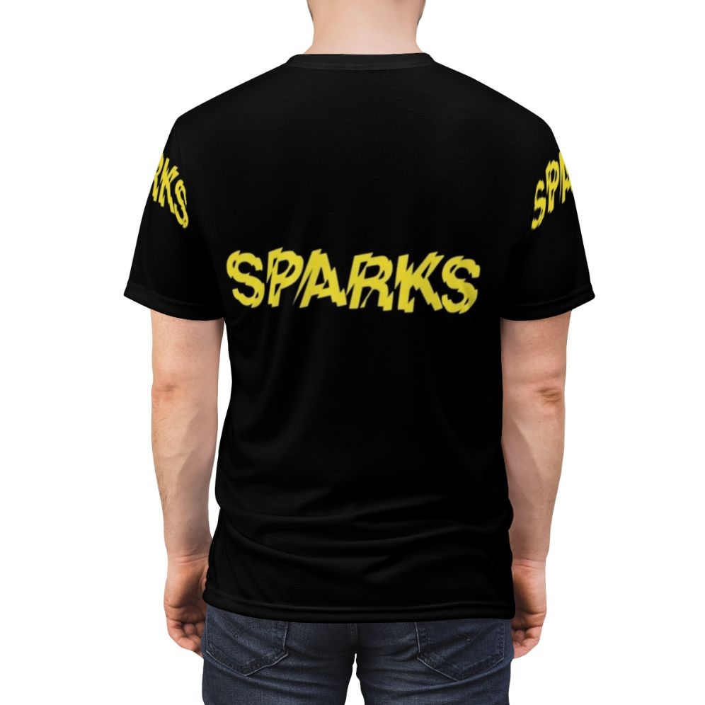 Sparks-inspired all-over print t-shirt featuring a vibrant new wave and synth pop graphic design - men back