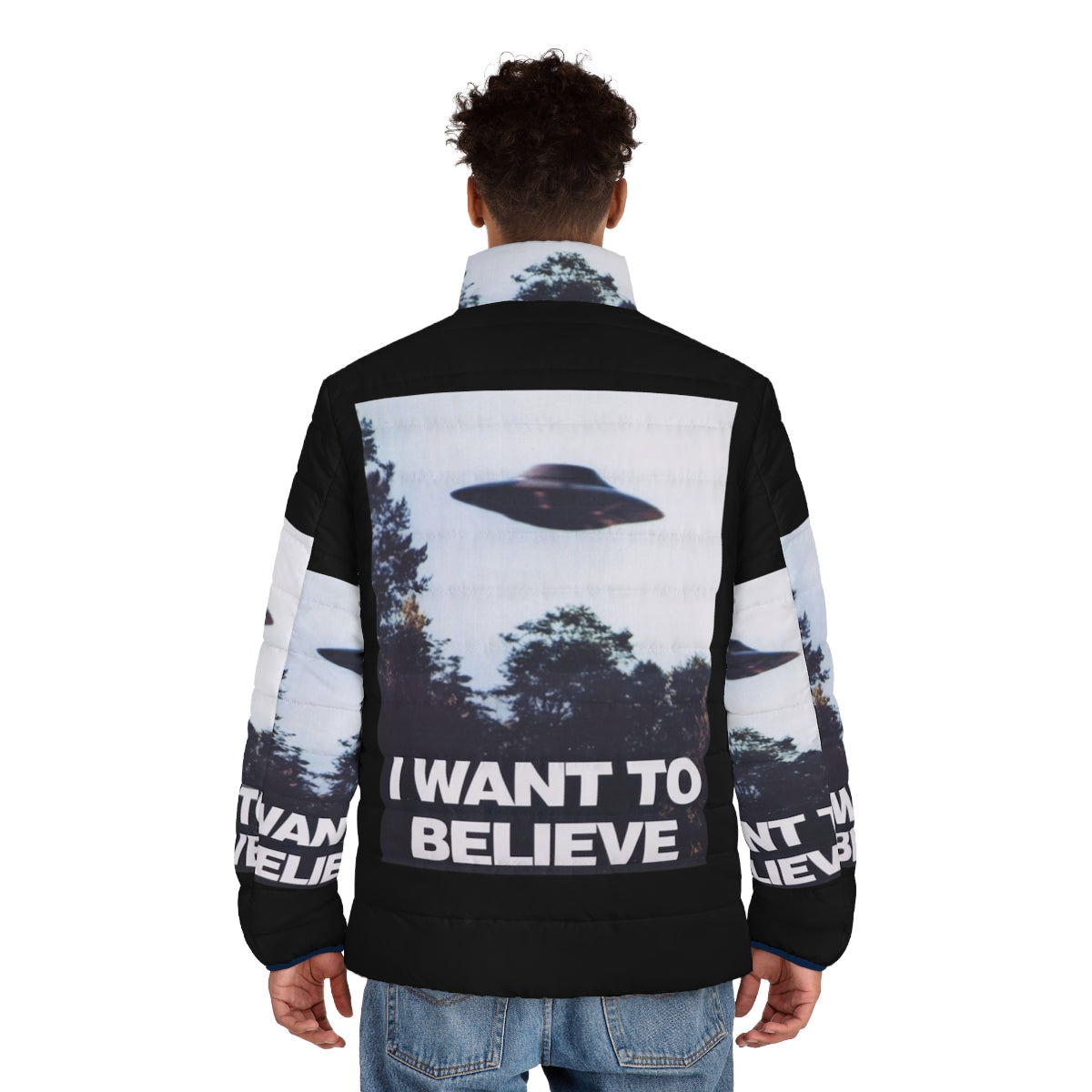 Paranormal-themed X-Files puffer jacket with "I Want to Believe" graphics - men back