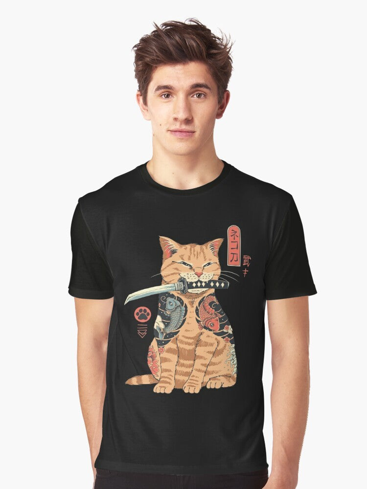 Catana graphic t-shirt with a samurai cat design, featuring Japanese art-inspired elements - Men