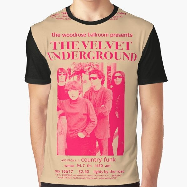 Vintage Velvet Underground promo poster graphic printed on a colorful t-shirt