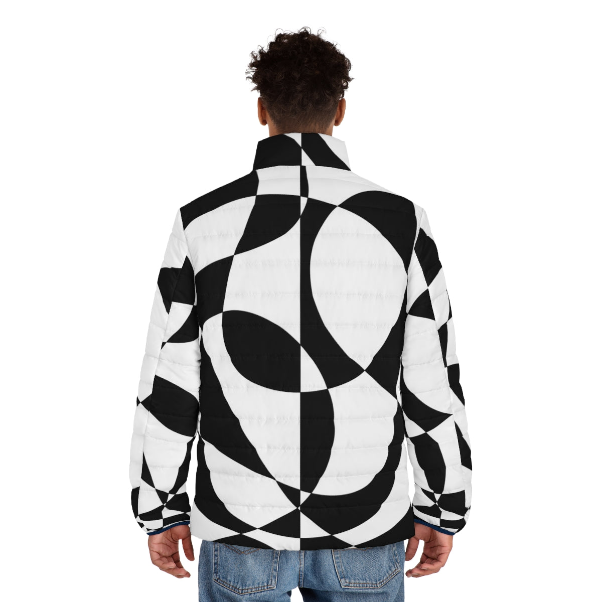 Vintage 1960s puffer jacket with abstract black and white geometric pattern - men back