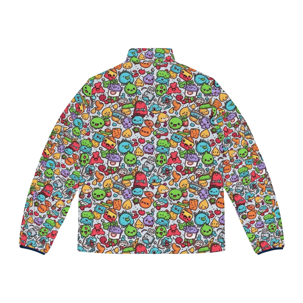 Hobbies puffer jacket with vibrant cartoon graphics of pineapple, snacks, and zoo animals - Back