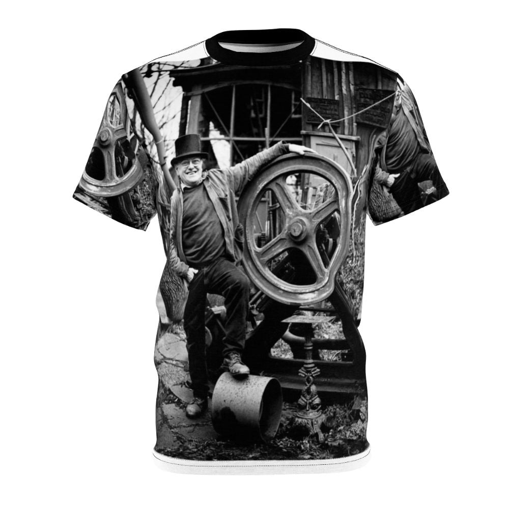 Vintage-style t-shirt with steeplejack, steam, and industrial design elements inspired by the life and work of Fred Dibnah.