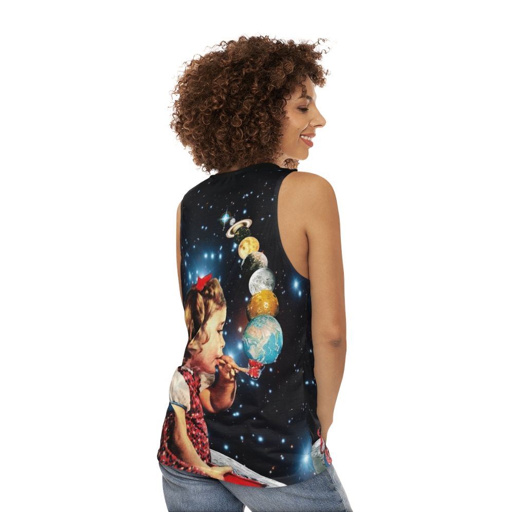 Psychedelic unisex tank top with surreal, vintage-inspired design - women back