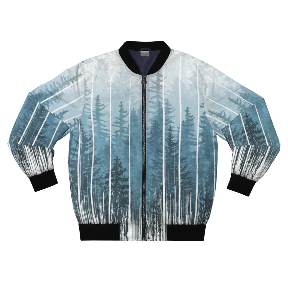 Grunge turquoise bomber jacket with misty forest design