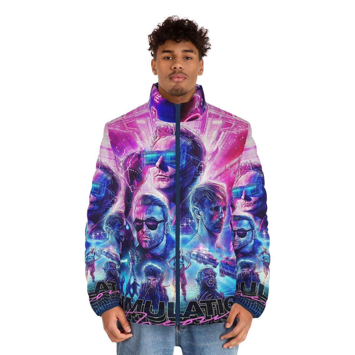 Berantakin puffer jacket featuring the Simulation Theory world tour 2019 design - men front