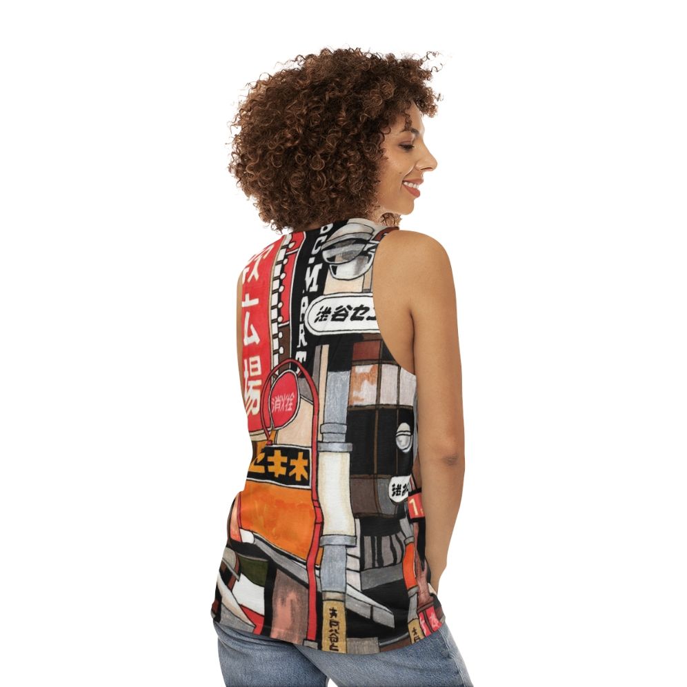 Unisex tank top featuring colorful Tokyo street signs - women back