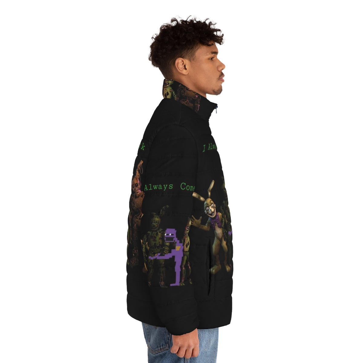 I Always Come Back Puffer Jacket featuring Springtrap, the iconic FNAF villain - men side right