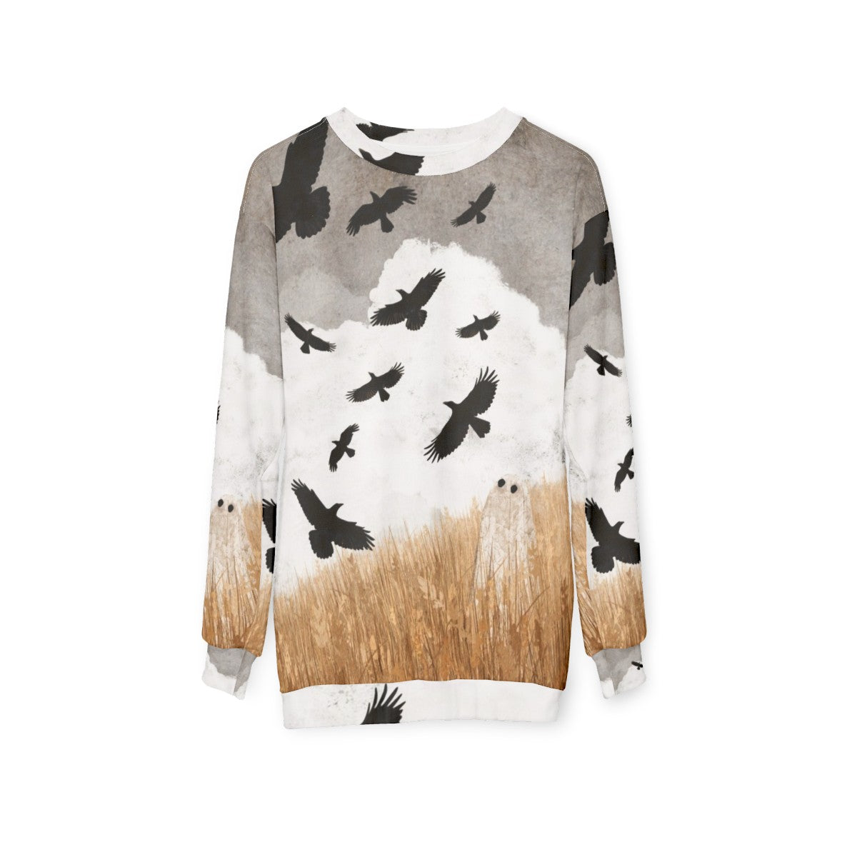 Vintage-style sweatshirt featuring crows and autumn imagery - hanging