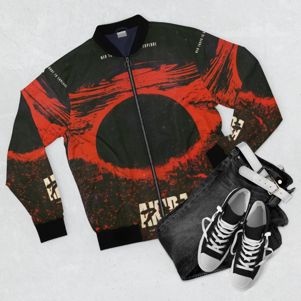 Cyberpunk-inspired Akira bomber jacket with a striking city explosion graphic design - Flat lay