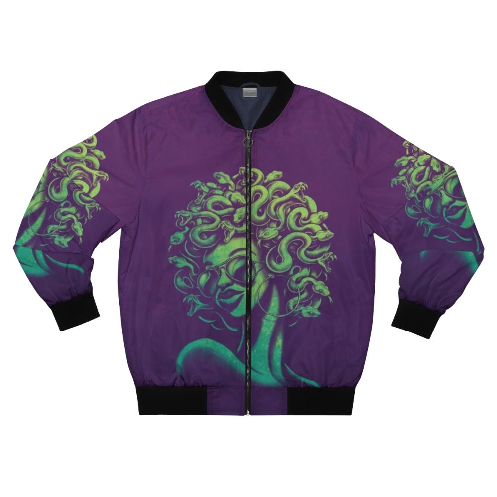 A funky, retro-inspired bomber jacket featuring a Medusa graphic design with an afro hairstyle and sunglasses.