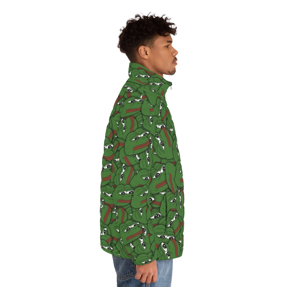 Pepe the Frog inspired puffer jacket with a humorous, meme-inspired design - men side right