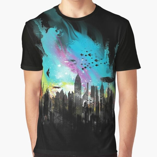 Bioshock Rapture City Graphic T-Shirt featuring a watercolor-style illustration of a whale, fishes, and the Big Daddy robot from the Bioshock video game.