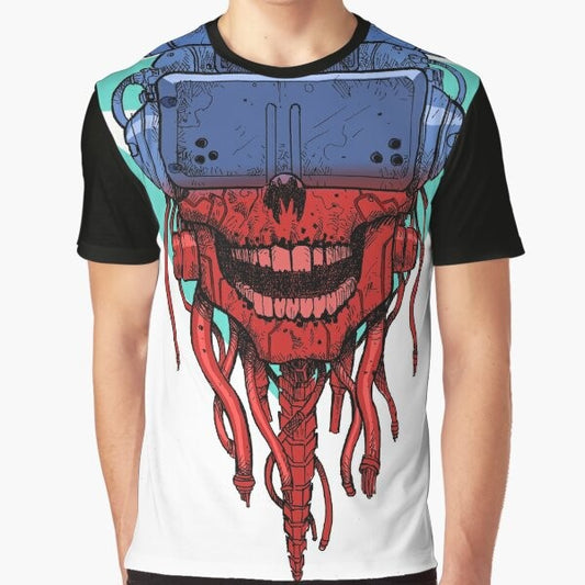 Cyberpunk skull graphic design on a black t-shirt